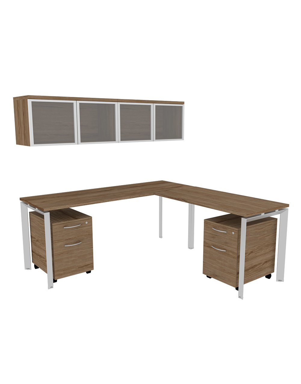 L-Shaped Work Stations with Pedestal and Mounted Hutch