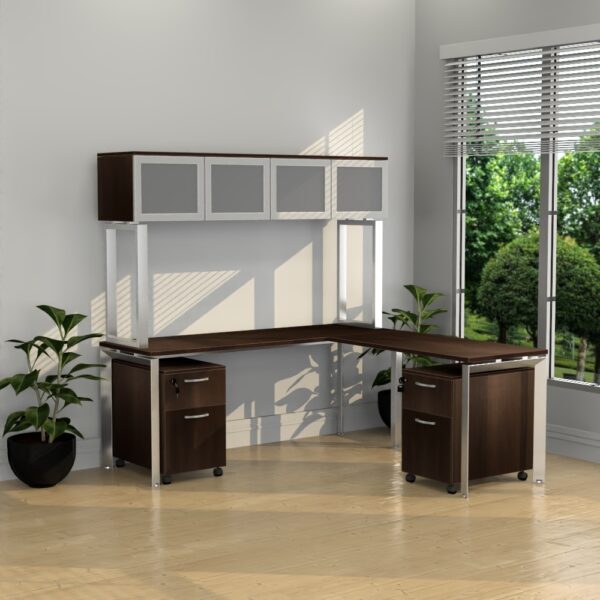 INSPIRE 71" x 78" Left or Right Extended L-Shaped Work Station with Mounted Wall Hutch and Pedestals - Various colors