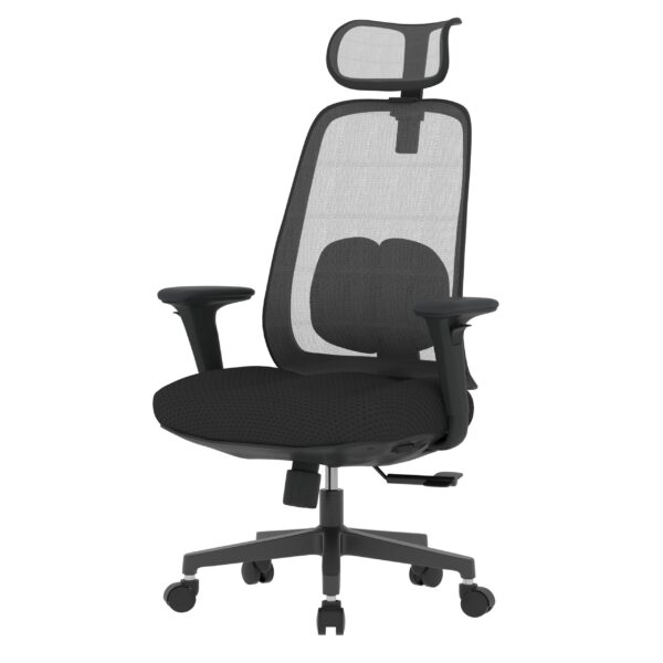 PosturePro Black frame, Dark Grey Fabric Seat, Black-Grey Mesh Back, High-back chair, Syncro, Seat Slider WITH HEADREST - Image 2