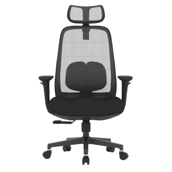 PosturePro Black frame, Dark Grey Fabric Seat, Black-Grey Mesh Back, High-back chair, Syncro, Seat Slider WITH HEADREST - Image 4