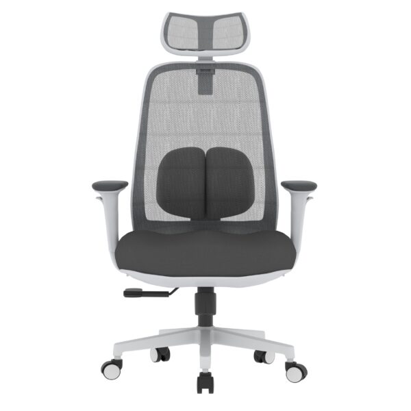 PosturePro WHITE Frame, Dark Grey Fabric Seat, Black-Grey Mesh Back, High-Back Chair, Syncro, Seat Slider WITH HEADREST - Image 4